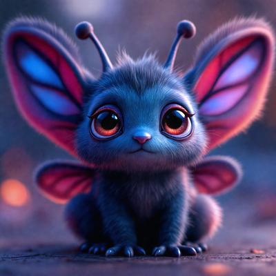 The primary subject of the image is a small, cute, and colorful blue butterfly. The butterfly is sitting on the ground, possibly on a leaf, and appears to be looking at the camera. The setting is a natural environment, with the butterfly being the main focus of the scene. The visual style of the image is a digital art or illustration, with the butterfly being depicted in a vibrant and detailed manner. The colors and mood of the image are cheerful and lively